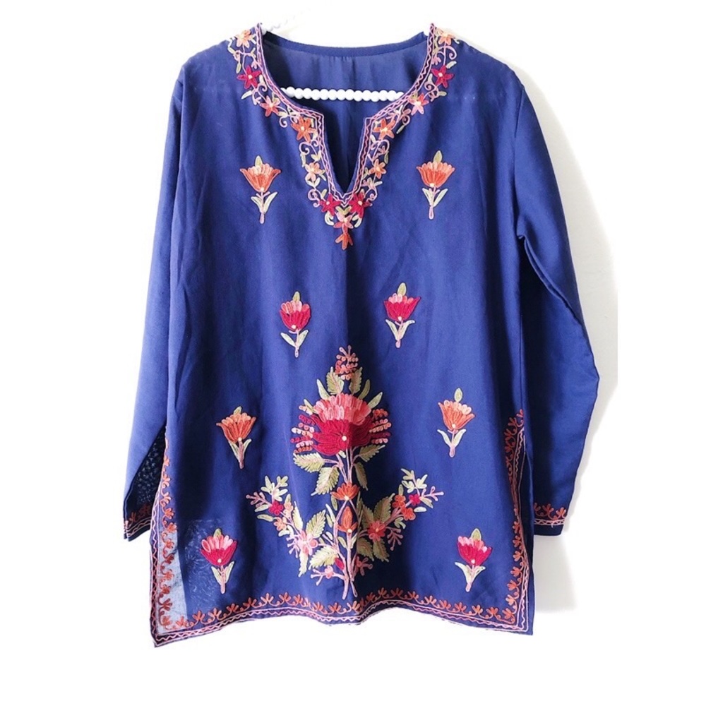 Purple Blue Floral-Embroidered Tunic | Sz …